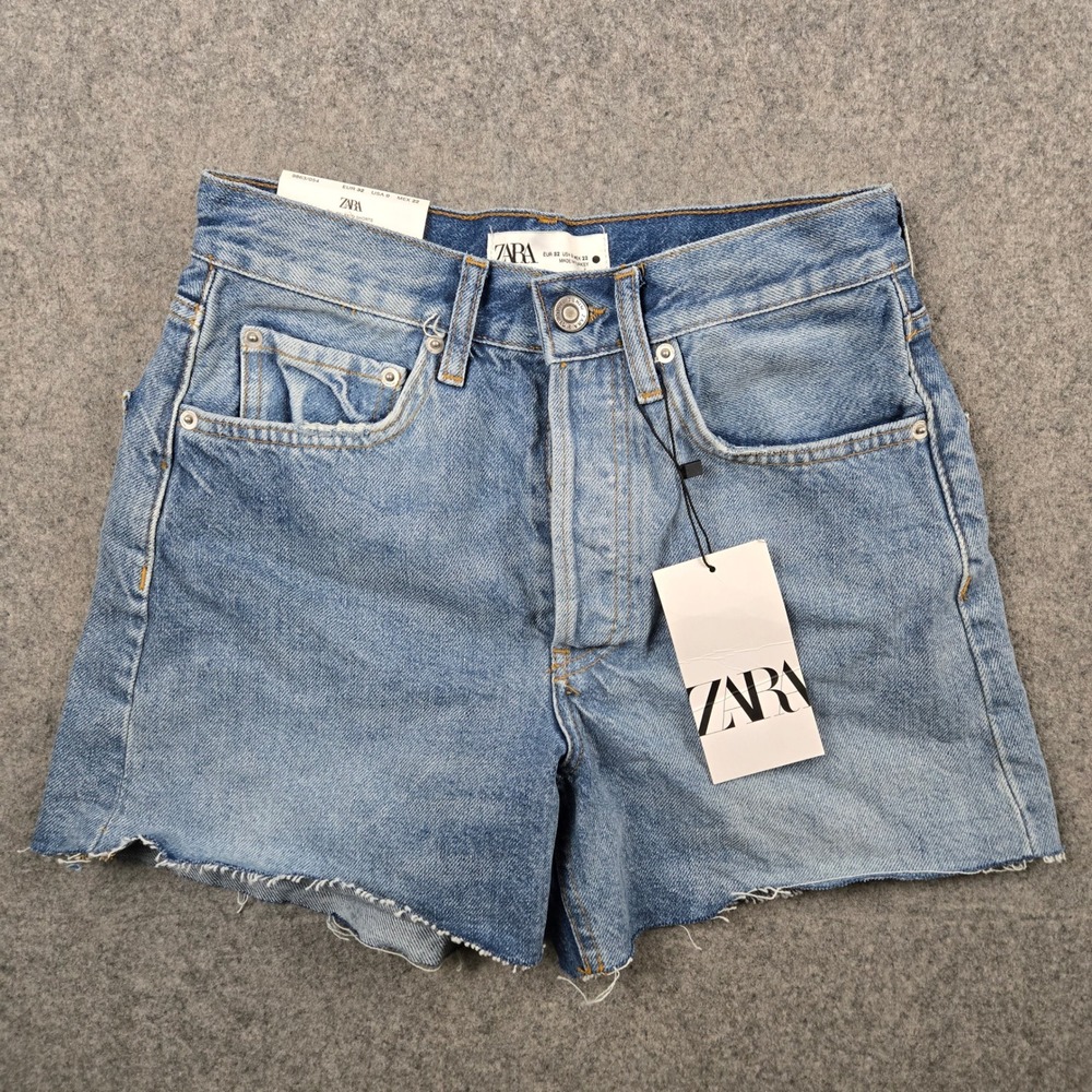 Zara Denim Shorts Womens 0 Blue Relaxed Cut Off Raw Hem Button Fly Summer